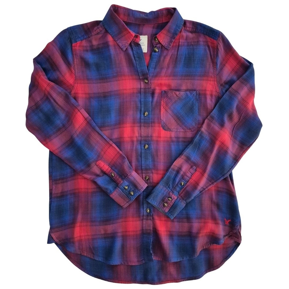 American Eagle Red Blue Plaid Flannel Vintage Boyfriend Casual Women's Medium